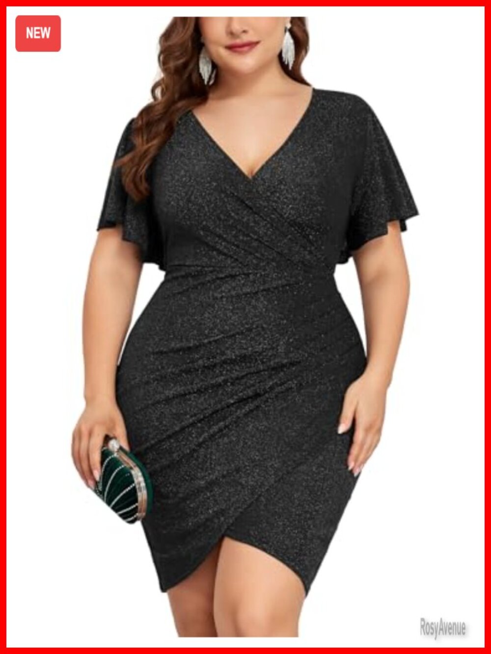 Plus Size Sparkly Glitter Ruched Bodycon Mini Dress Wrap V-Neck Ruffle Sleeve